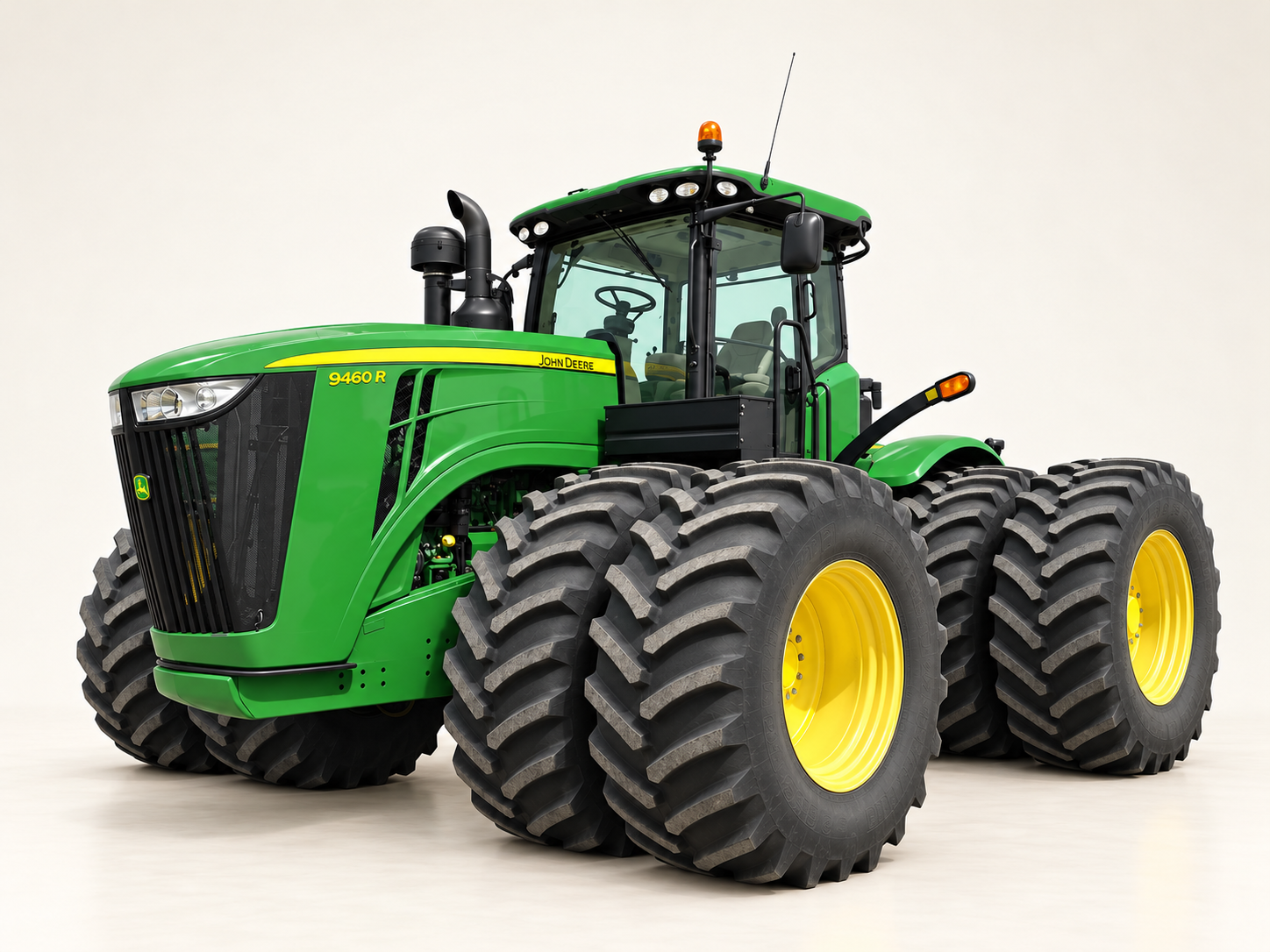Representative image—not the listed machine · 2012 John Deere 9460R · John Deere 9460R model illustration with original green rear body, broad dual tires and a plain front bumper. Representative image—not the listed machine. AI-generated; configuration, equipment and condition may differ.